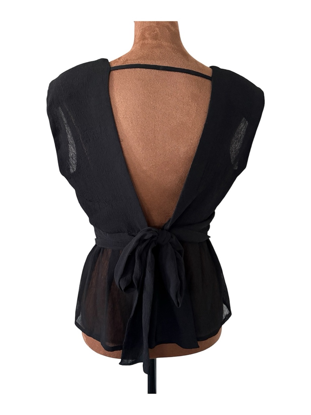 Ro & De Open Tie Back Sheer Crinkle Chiffon Peplum Blouse Black XS